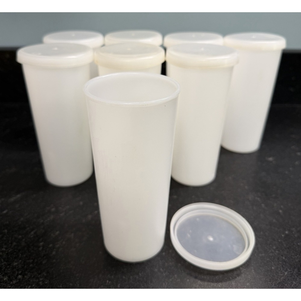 Vintage‎ Eagle USA Plastic Tumblers Cups w/ Lids Set of 8 ~6" White